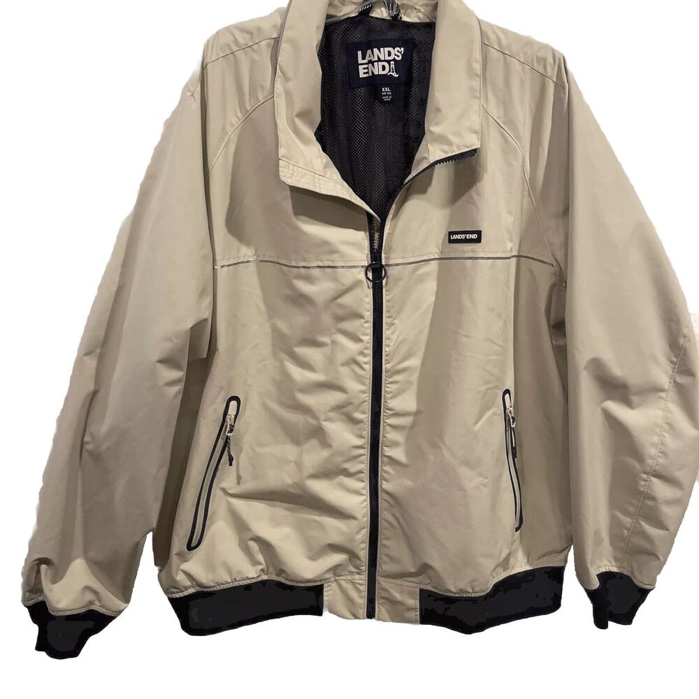 Lands End Men's Size XXL Beige Full Zip Hooded Windbreaker Jacket